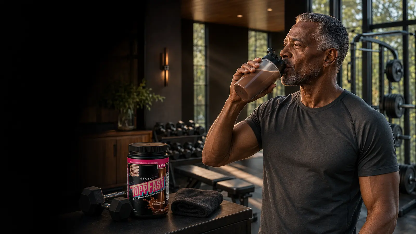A fit man enjoying a ToppFast shake in a modern home gym.